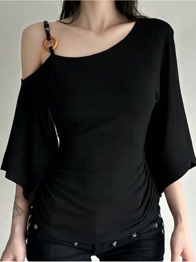 One-Shoulder Black Blouse with Ring-Detail Strap